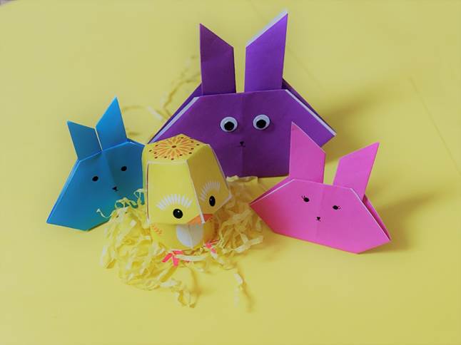Learn the art of paper folding and craft a carrot eating bunny or a chick in an egg.